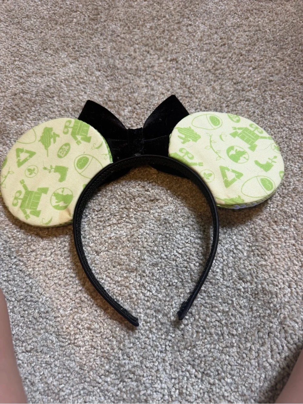 Black Velvet Bow Mouse Ear Headband with Lime Green Patterned Ears